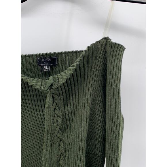 CHOCOLATE USA Women's Green Ribbed Long Sleeve Off-The-Shoulder Lace-Up Top SZML - Picture 6 of 9